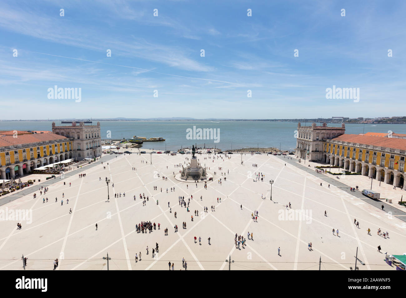 Aerial view of people at Praca do Comércio against sky, Lisbon, Portugal Stock Photo
