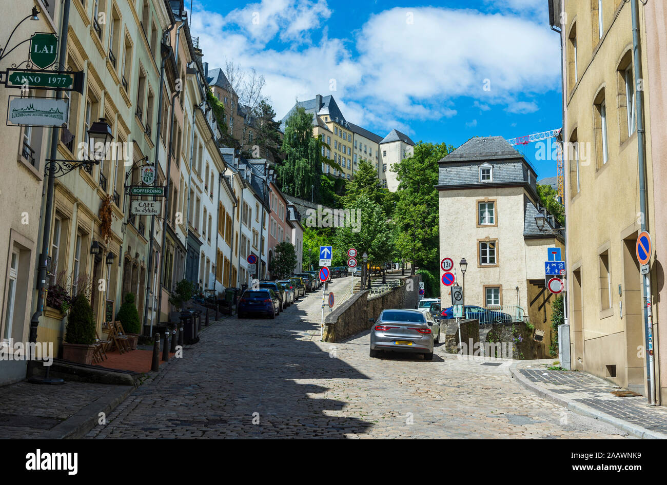 Low angle view of road amidst buildings in old quarter of Luxembourg Stock Photo