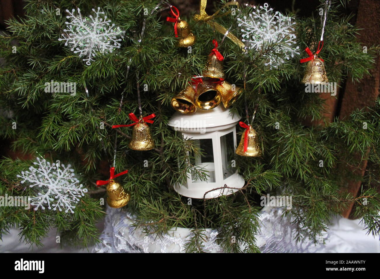white retro style  lantern for decoration on Christmas and New Year holiday Stock Photo
