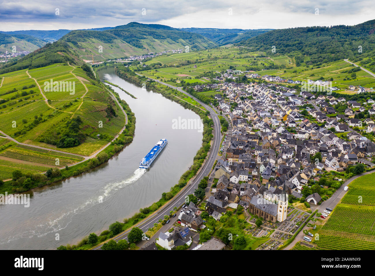 Aerial view of cruise ship on Mosel River bend at Bremm, Germany Stock Photo