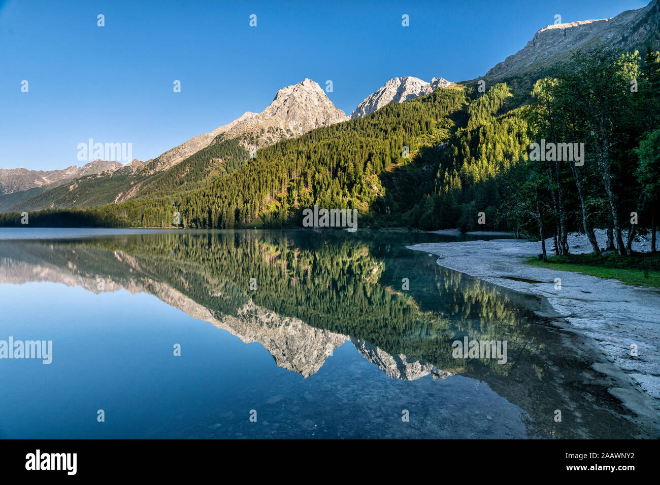 Scenic view of Lake Antholz, Rieserferner-Ahrn Nature Park, South Tyrol, Italy Stock Photo