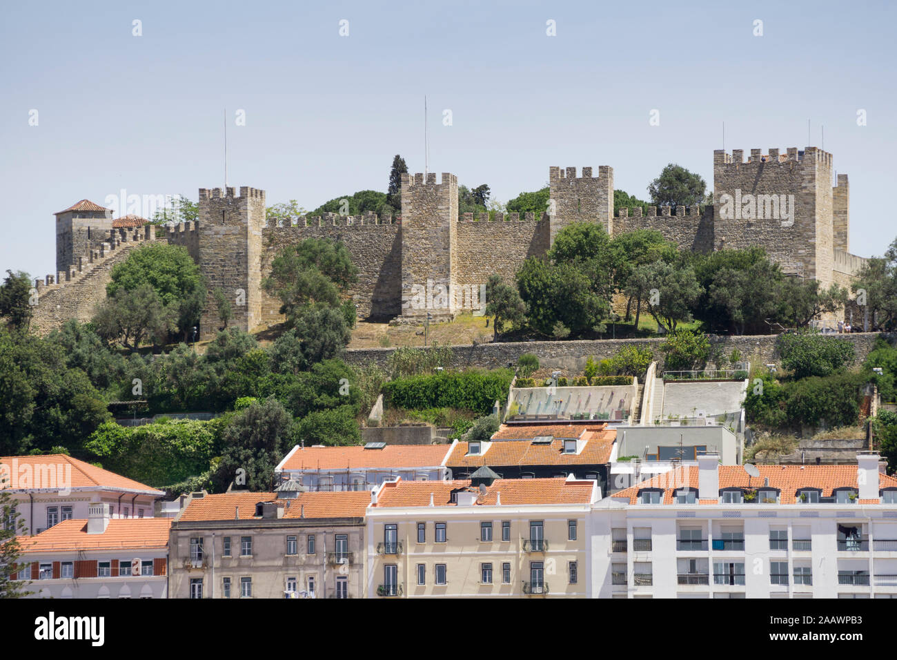 Castelo Sao Jorge and buildings against clear sky, Lisbon, Portugal Stock Photo