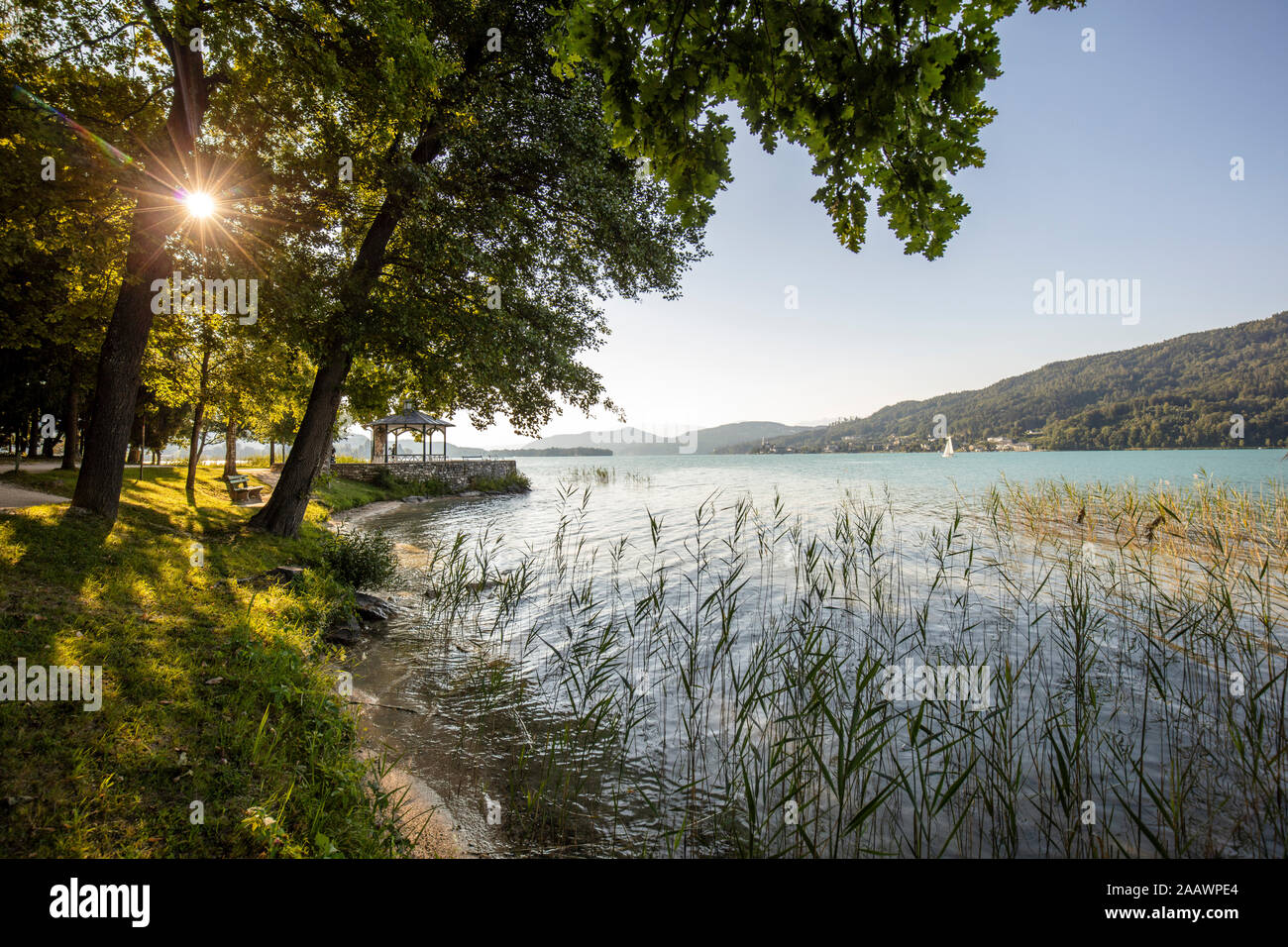 Scenic view of Woerthersee lake against clear sky, Austria Stock Photo