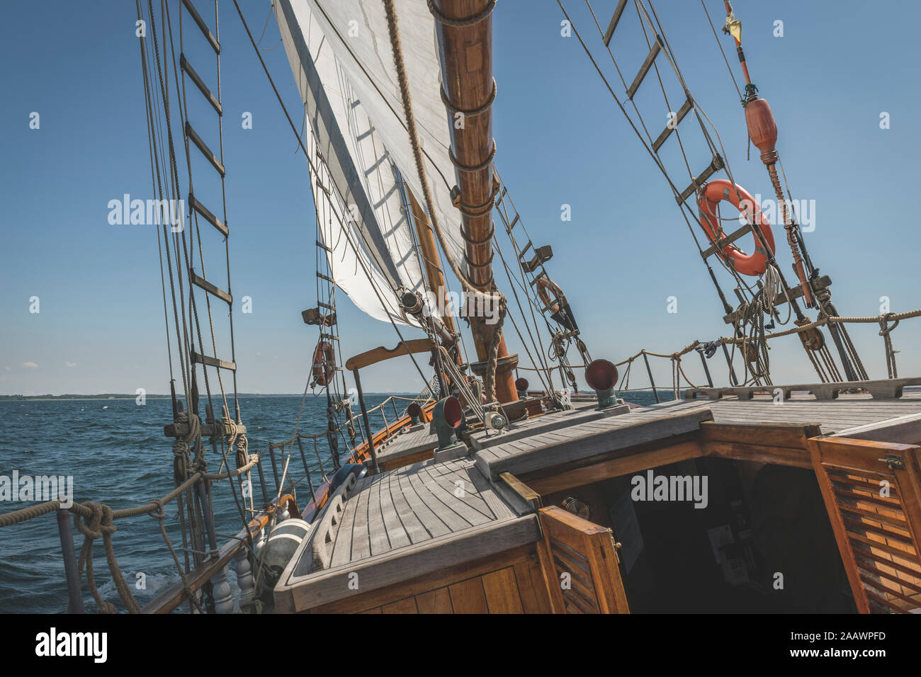 Denmark, Baltic Sea, Gaff schooner poop deck seen on peaceful day Stock Photo