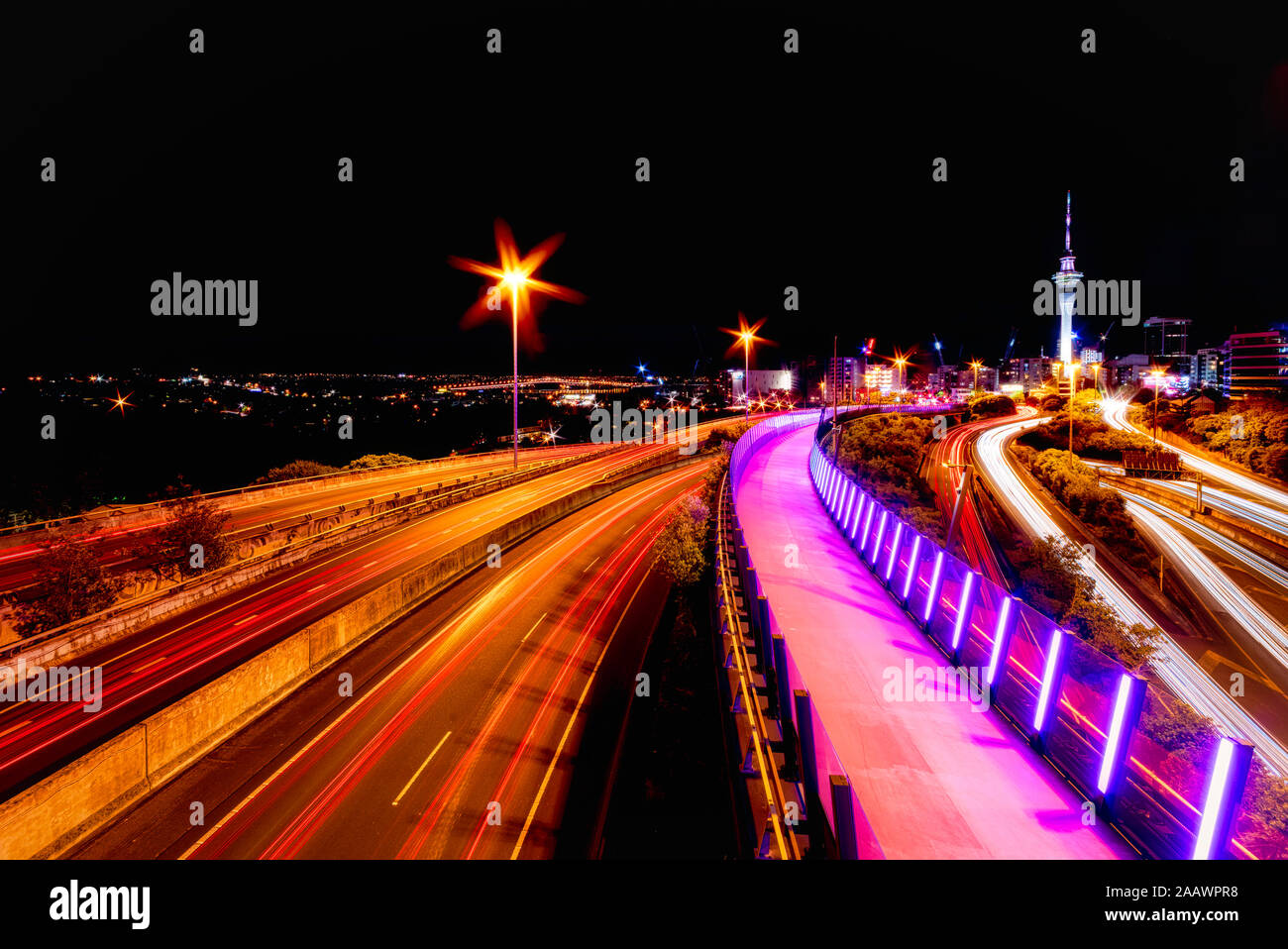 New Zealand, North Island, Auckland City, City road at night Stock Photo
