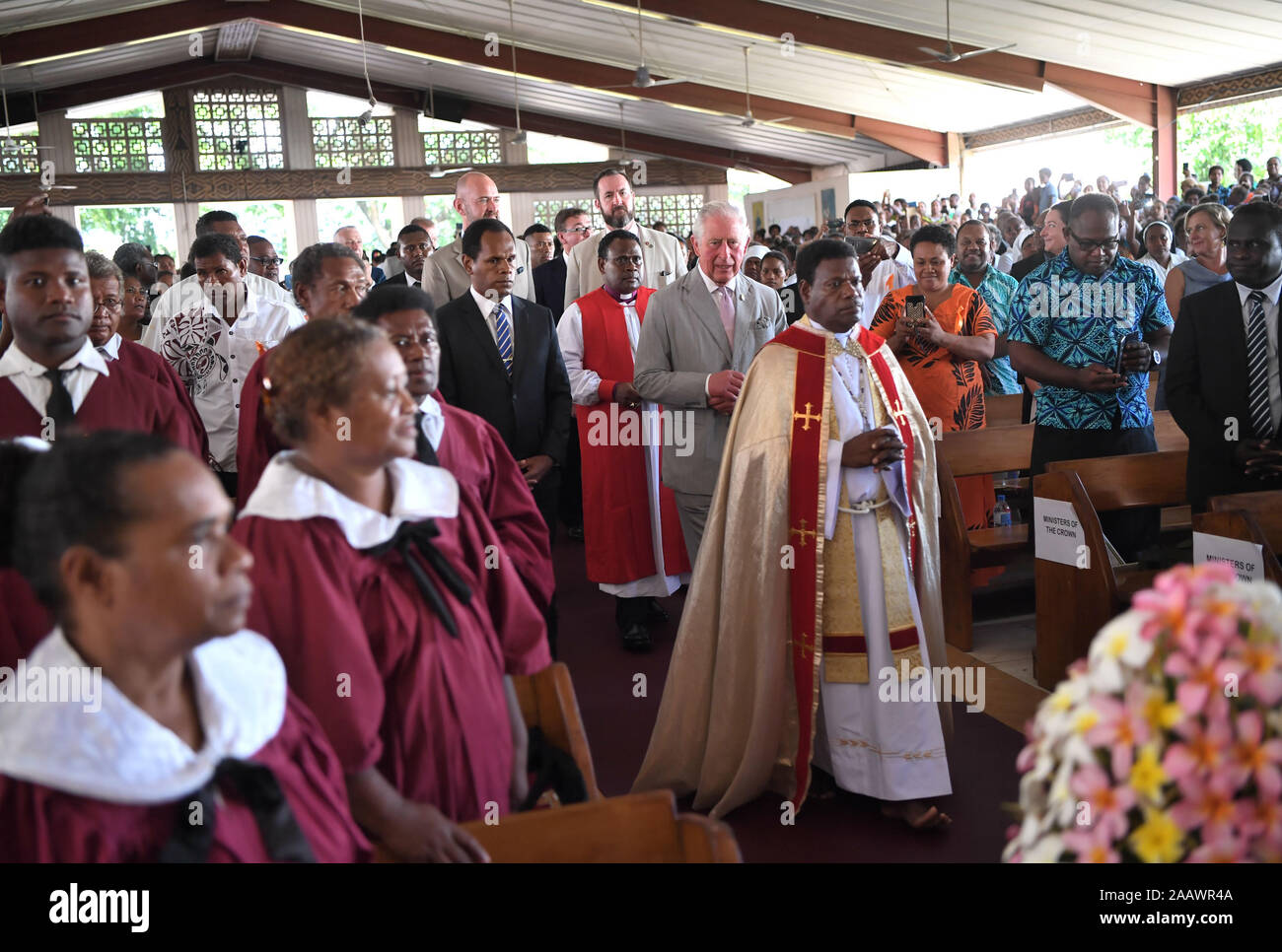 The Prince of Wales attends a service at the Cathedral Church of St Barnabas, during the second day of the royal visit to the Solomon Islands. Stock Photo