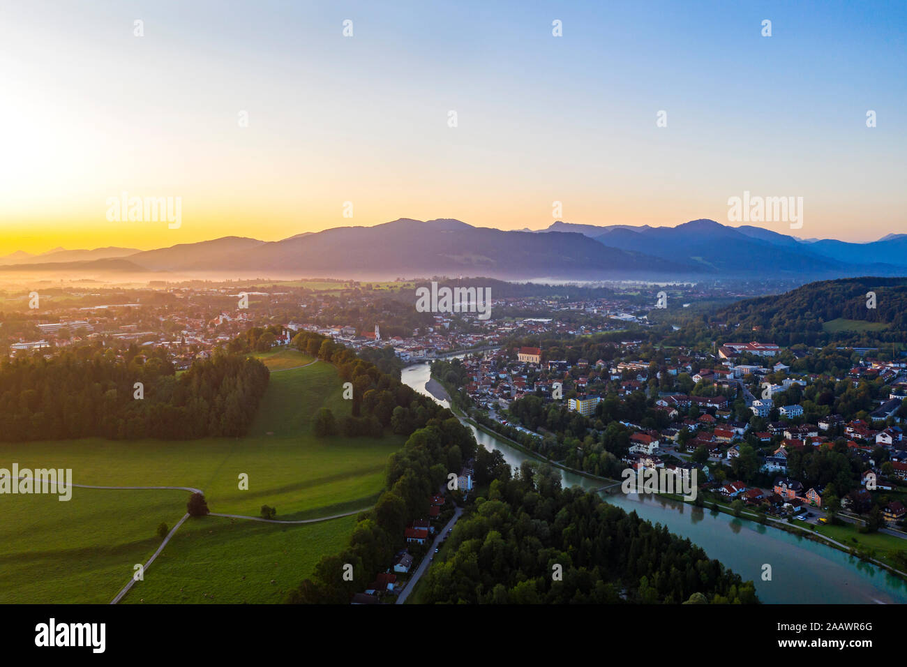 Aerial view of Bad Toelz against clear sky during sunrise, Isarwinkel, Germany Stock Photo