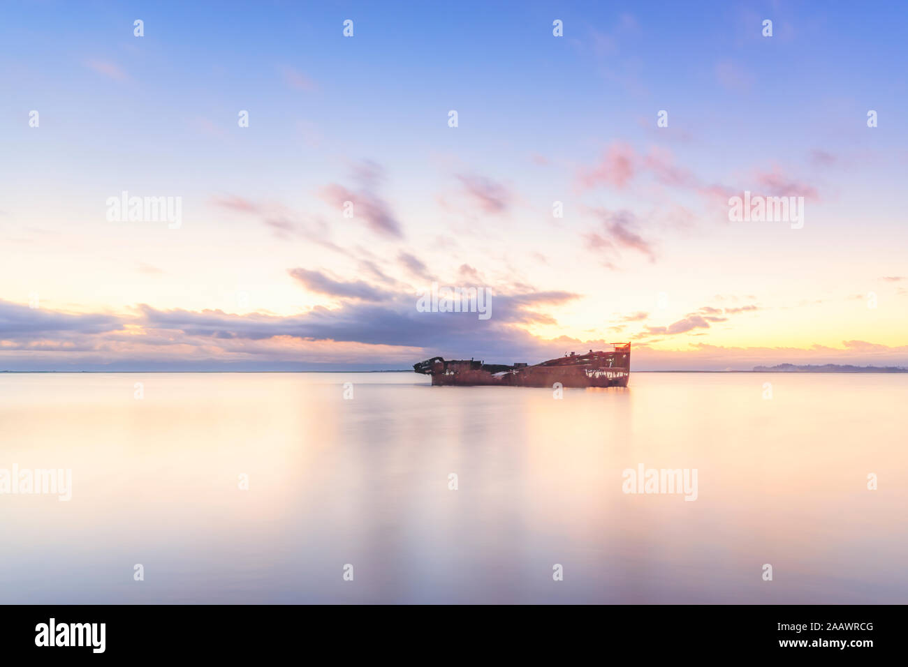 Janie Seddon shipwreck at Golden Bay against sky during sunset, Motueka, South Island, New Zealand Stock Photo