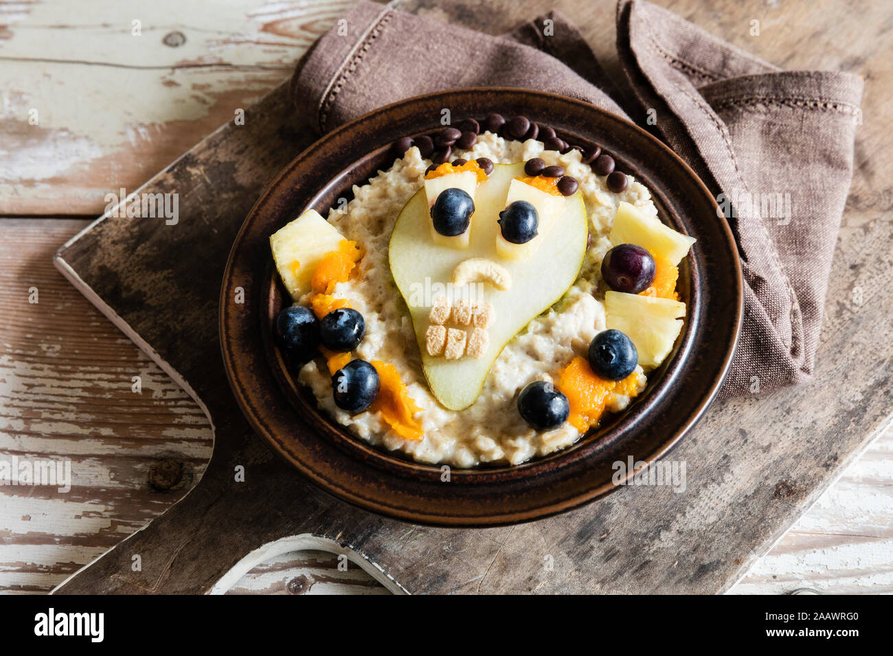 High angle view of decorated breakfast served in plate on table during Halloween Stock Photo