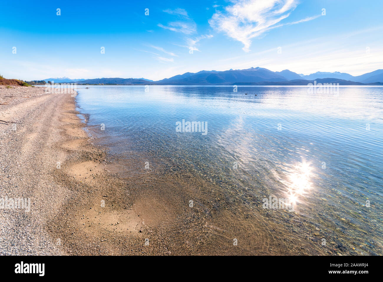 Scenic view of Lake Te Anau against sky, South Island, New Zealand Stock Photo