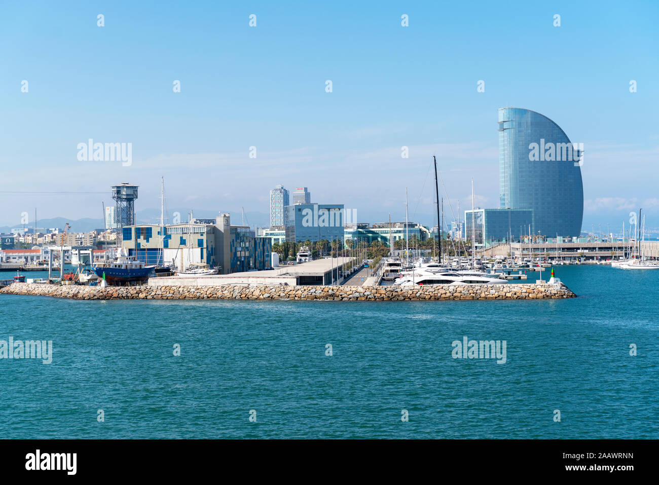 View to the port from Mediterranean Sea, Barcelona, Spain Stock Photo