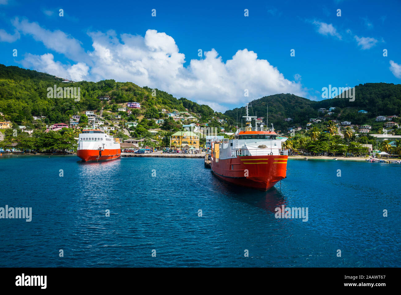 Ferries anchoring at harbor of Port Elizabeth, Admiralty Bay, Bequia, St. Vincent and the Grenadines, Caribbean Stock Photo