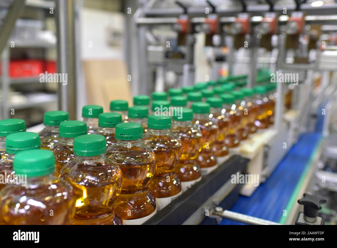 Apple-juice factory, bottling, apple juice Stock Photo