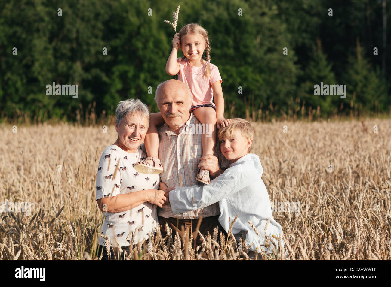 Family portrait of grandparents with their grandchildren in an oat field Stock Photo