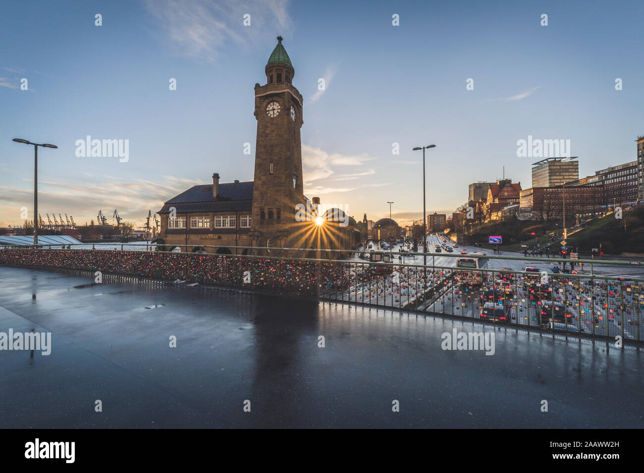 Low angle view of Landungsbrucken building against sky during sunset at Hamburg, Germany Stock Photo