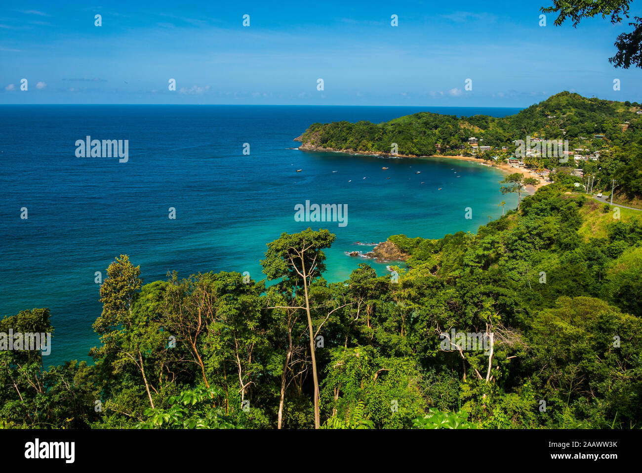 Aerial view of Castara bay against blue sky during sunny day at Tobago, Caribbean Stock Photo