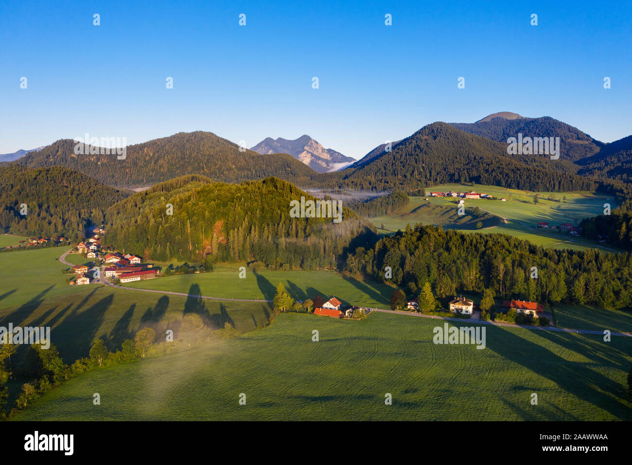 Germany, Bavaria, Upper Bavaria, Isarwinkel, Jachenau, rural landscape at sunrise Stock Photo