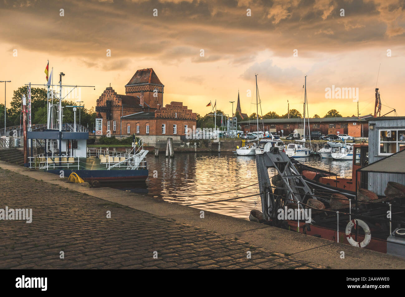 Boats moored at Museum harbor in Lübeck, Germany Stock Photo