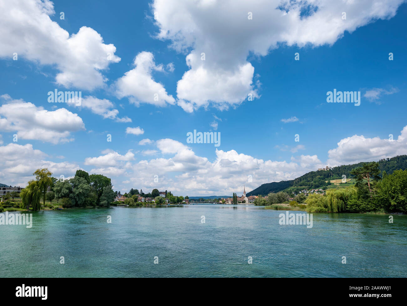 Scenic view of river against blue sky at Stein am Rhein, Switzerland Stock Photo