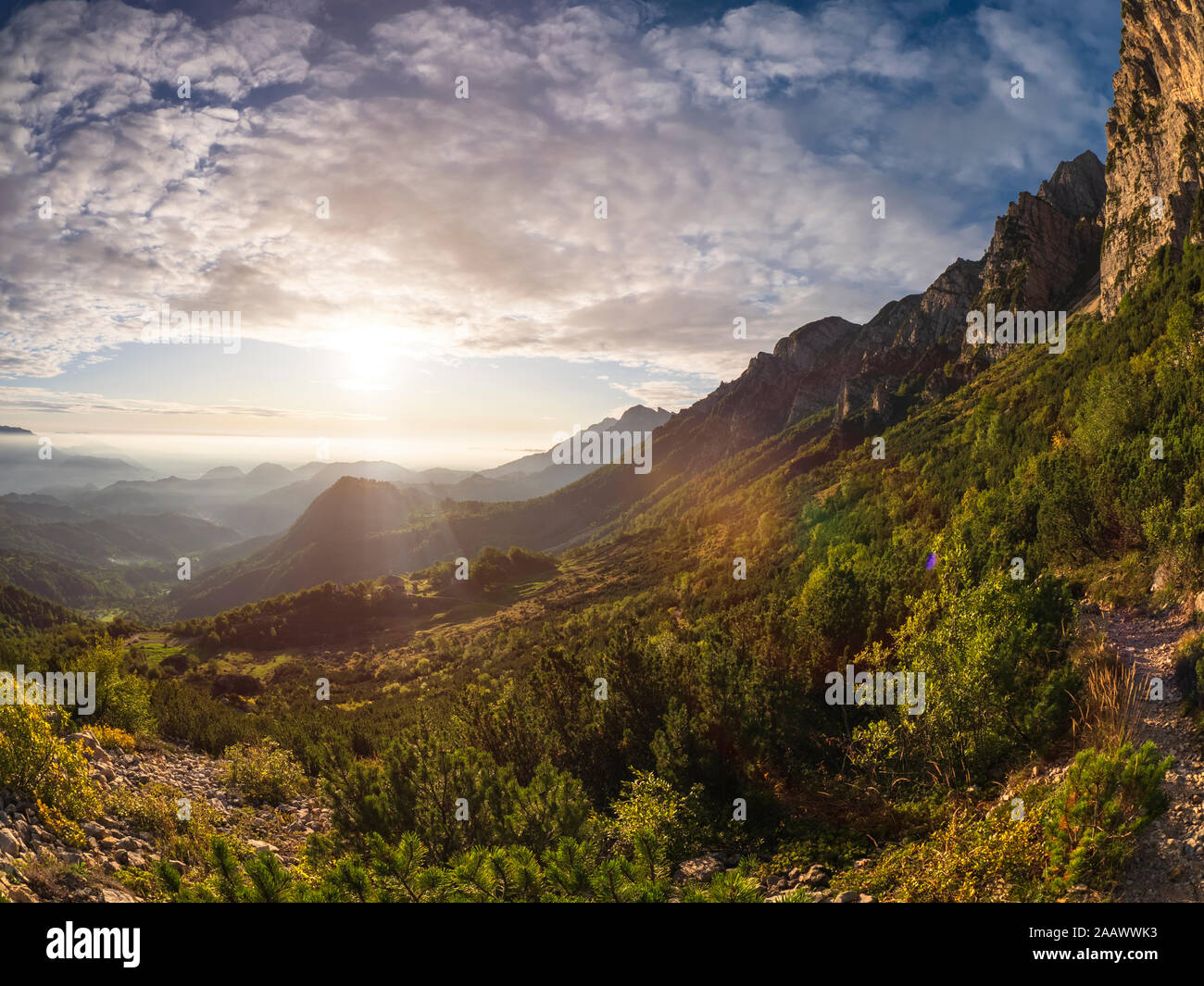 View over Recoaro Terme in sunshine, Veneto, Italy Stock Photo