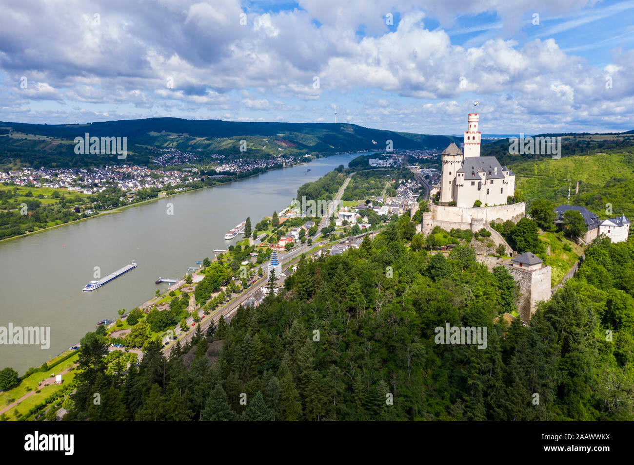 Aerial view of Marksburg on mountain against cloudy sky, Middle Rhine, Germany Stock Photo