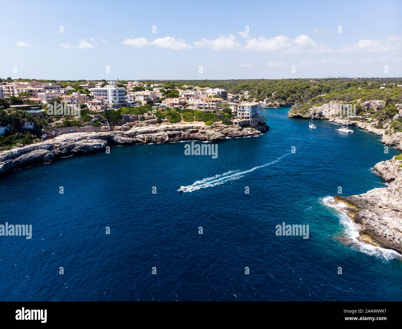 Spain, Balearic Islands, Mallorca, Aerial view of bay Cala Figuera Stock Photo