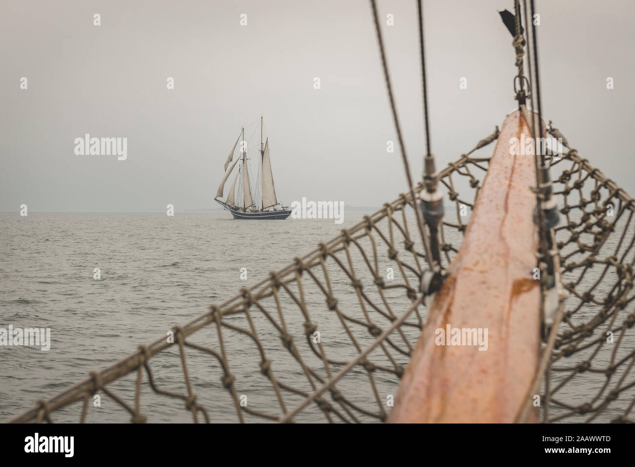 Denmark, Baltic Sea, Sailing ship seen from gaff schooner bowsprit Stock Photo