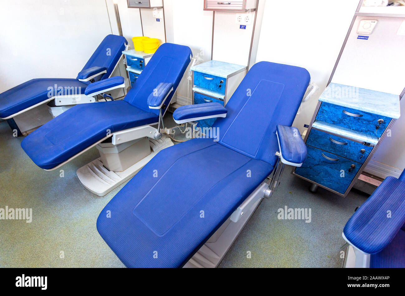 Samara, Russia - May 1, 2019: Inside the mobile blood transfusion station vehicle Stock Photo