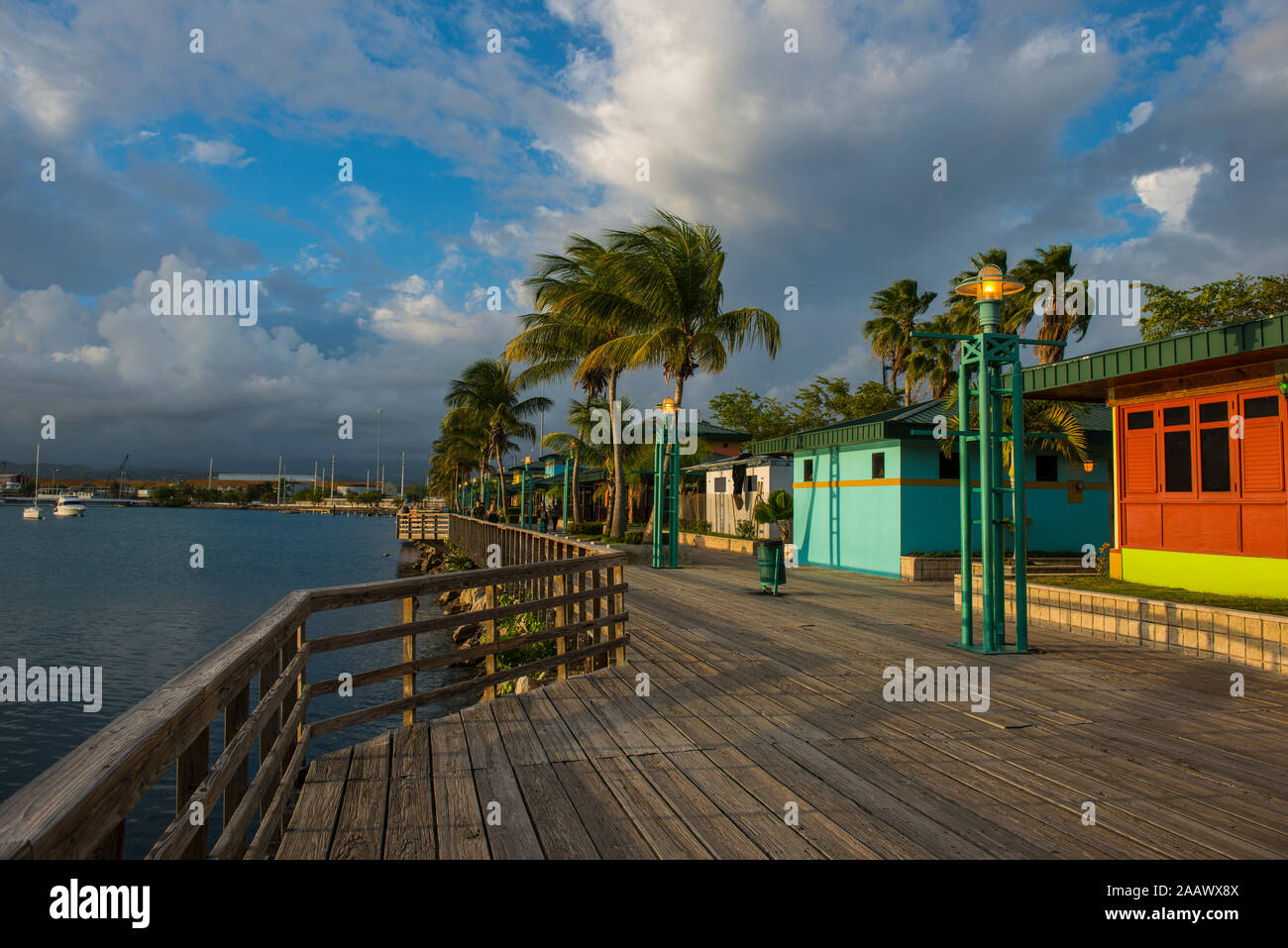 Houses on pier at Ponce harbor, Puerto Rico, Caribbean Stock Photo