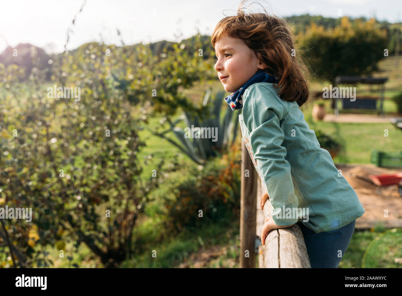 Portrait of smiling little girl leaning on wooden fence Stock Photo