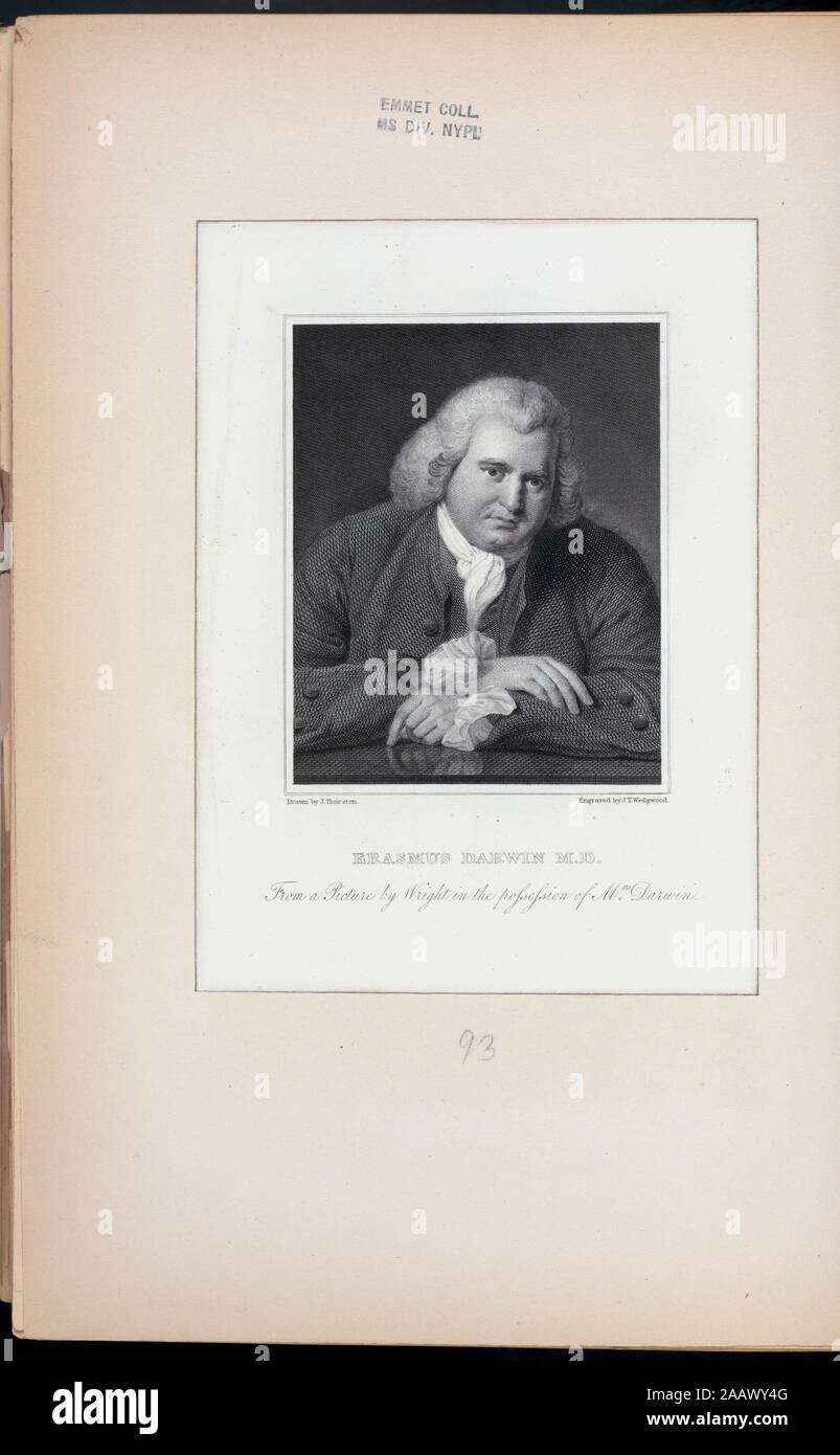 Erasmus Darwin, MD Illustrated by Thomas Addis Emmet, 1880. Volume 2 consists of pages 1-99 of the 1865, quarto, edition of the work, volume 3 of pages 99-213, volume 5 of pages 303-400. Citation/Reference: EM12501 Drawn by J. Thurston; engraved by J.T. Wedgwood; after a painting by Wright.; Erasmus Darwin, M.D. Stock Photo