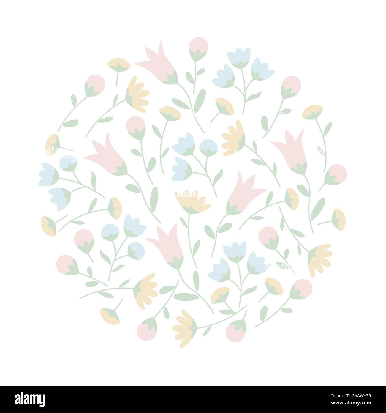 Round floral ornament with wildflowers in pastel colors. Summer floral pattern isolated on white background. Vector illustration EPS10 Stock Vector