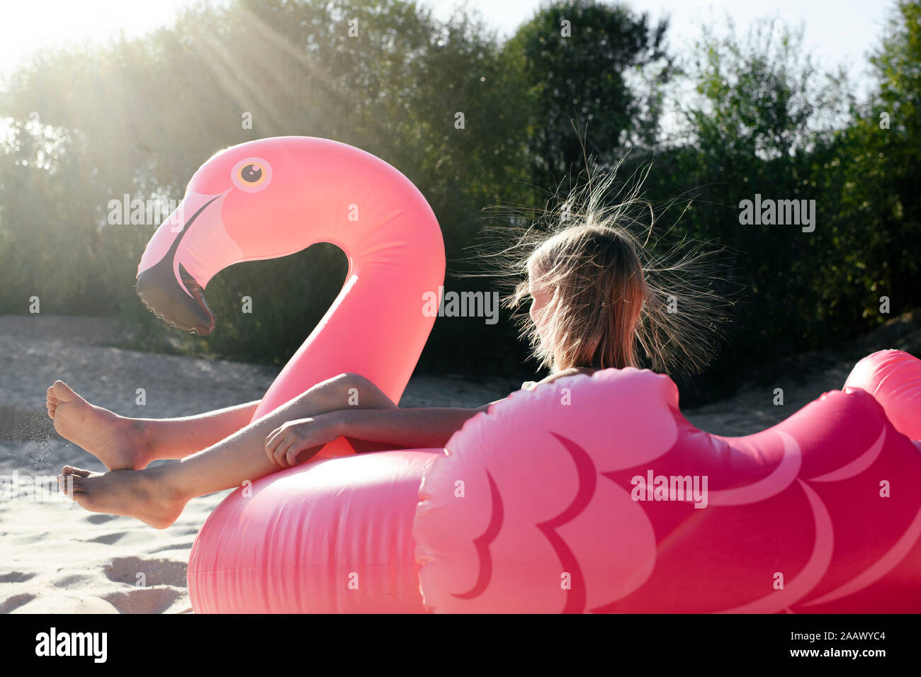 Girl sitting on flamingo pool float Stock Photo