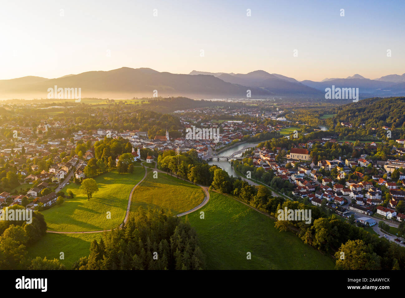 Aerial view of Bad Toelz against clear sky at sunrise, Bavaria, Germany Stock Photo