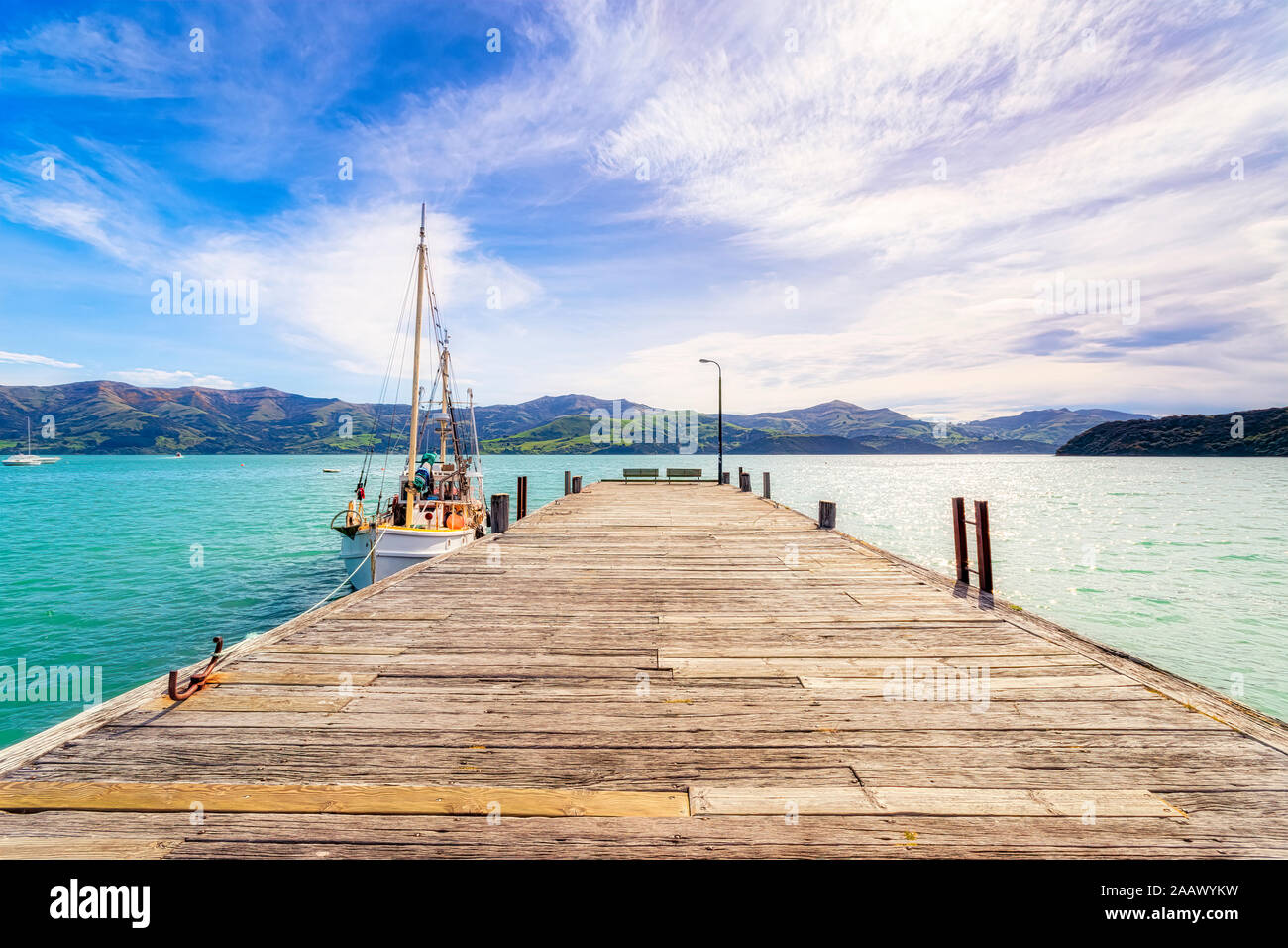 New Zealand, South Island, Akaroa, Scenic view of sea pier Stock Photo