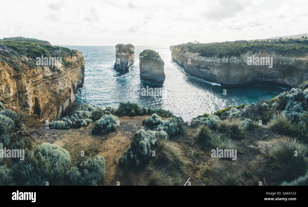 Two of Australia's twelve apostles during a cloudy day Stock Photo