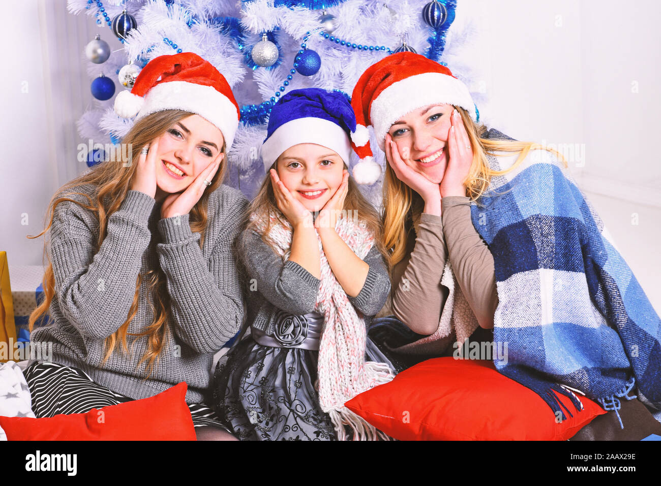 blue and white santa hats