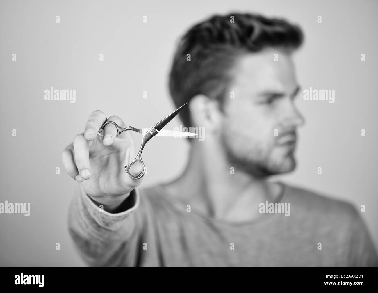 Handsome Man With Scissors Barbershop Concept Getting Hairstyle