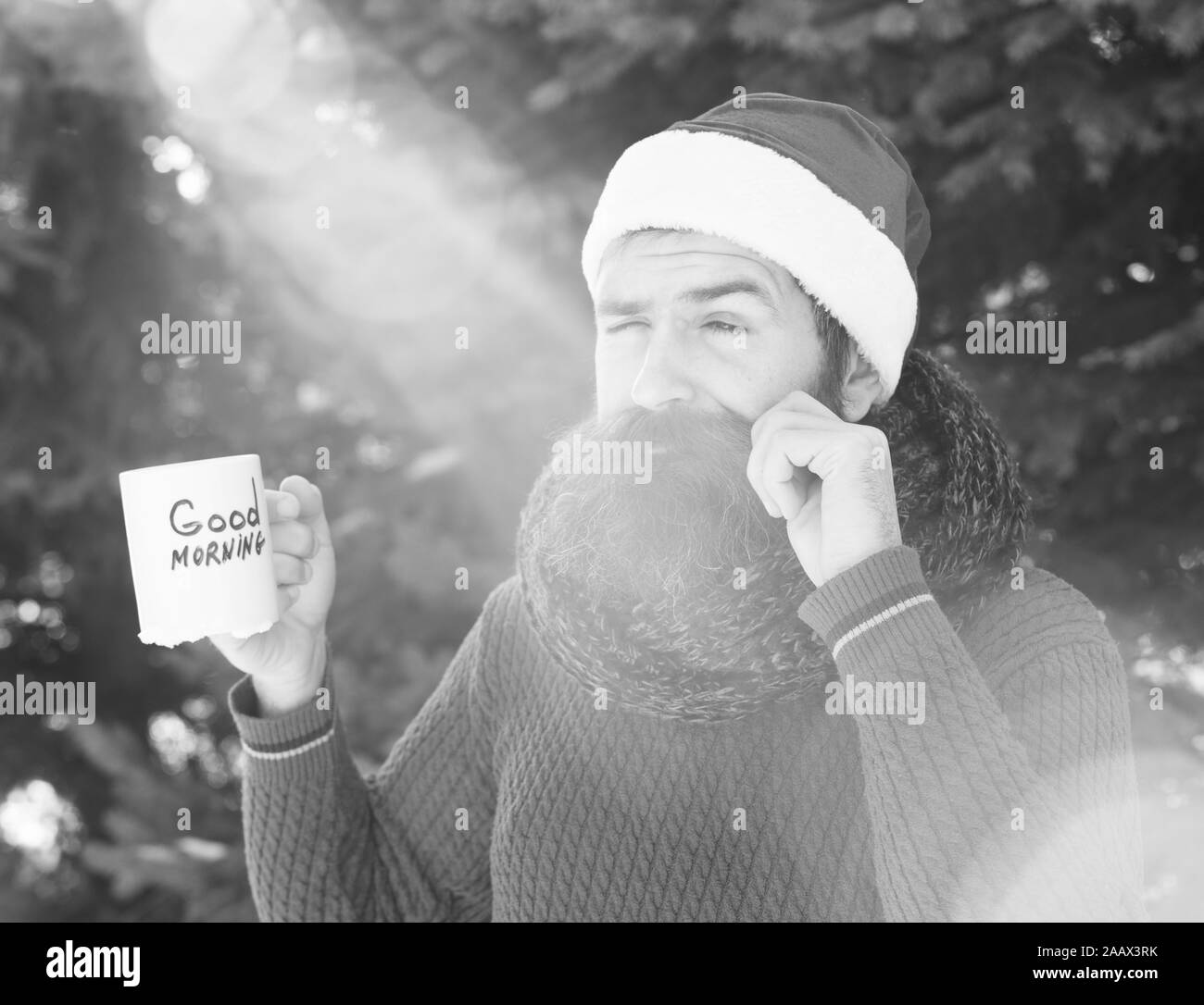 Frown Handsome Man In Santa Claus Hat Bearded Hipster With Beard