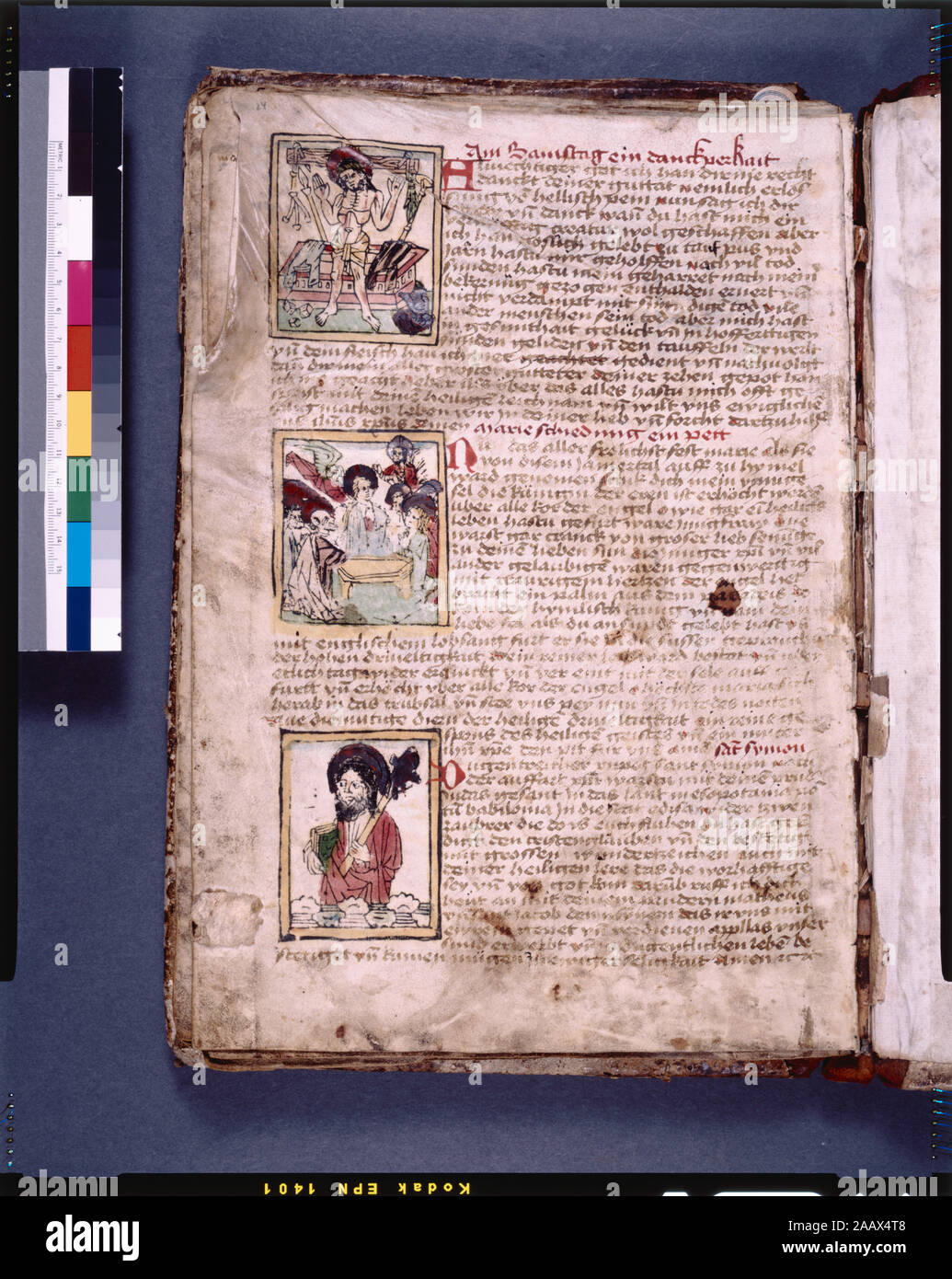 Explicit of text, hand 2, woodcuts (Christ exhibiting the marks of the crucifixion; Assumption of the Virgin; St Simon), initials and rubrics Listed in De Ricci, Seymour, Census of Medieval and Renaissance Manuscripts in the United States and Canada. New York. N.Y.: H.W. Wilson, 1935; and Supplement, New York, N.Y.: Bibliographical Society of America, 1962. Ownership : Friedrich Culemann sale (1870) to Quaritch; sold in 1874 to J. Lenox. De Ricci, 1327.  Library dossier. 38-47 long lines per page.  Ruled in pencil. Parchment 69 small contemporary woodcuts. 1-line and 2-line red initials.  Rubr Stock Photo