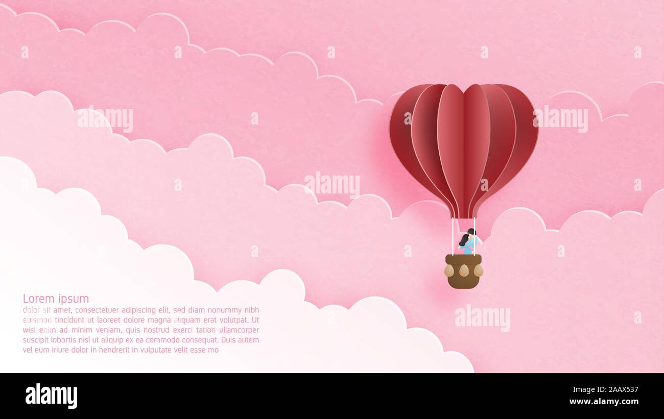 Valentines day concept. Love couple in hot air balloon floating in ...