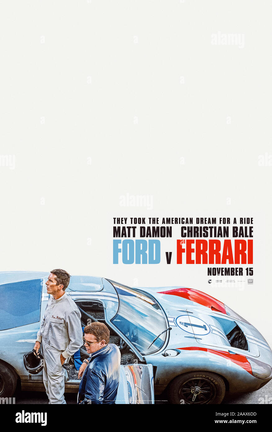 Ford v Ferrari (2019) directed by James Mangold and starring Matt Damon, Christian Bale, Jon Bernthal and Caitriona Balfe. True story of car designer Carroll Shelby and driver Ken Miles’ personal battle to build a car for Ford to challenge the dominance of Ferrari at Le Mans for the 1966 24 hour race. Stock Photo