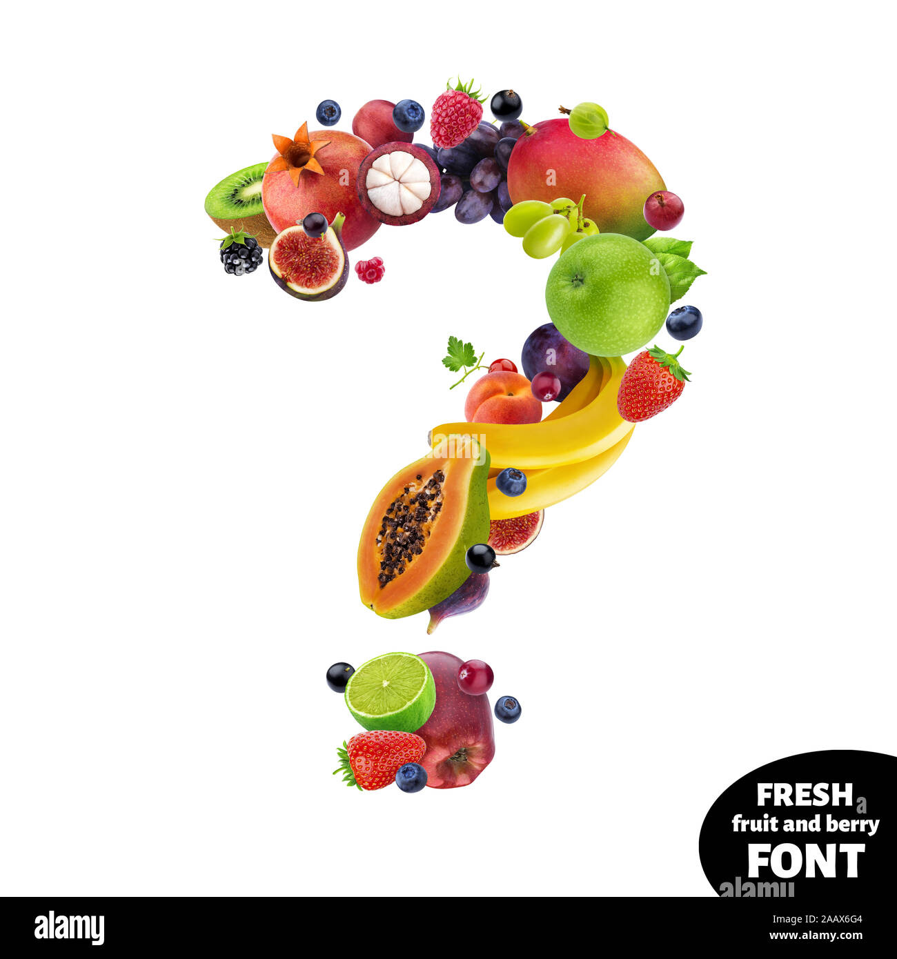 Question mark made of different fruits and berries, fruit font isolated on white background Stock Photo