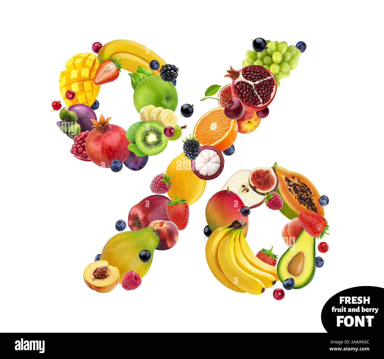 Percent sign made of different fruits and berries, fruit alphabet ...