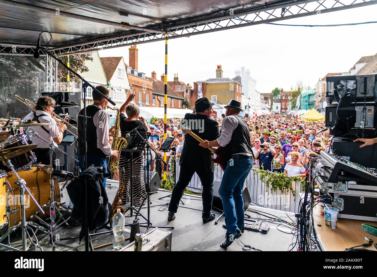 Faversham Hop Festival. Back of stage view of the rock band 'Loose