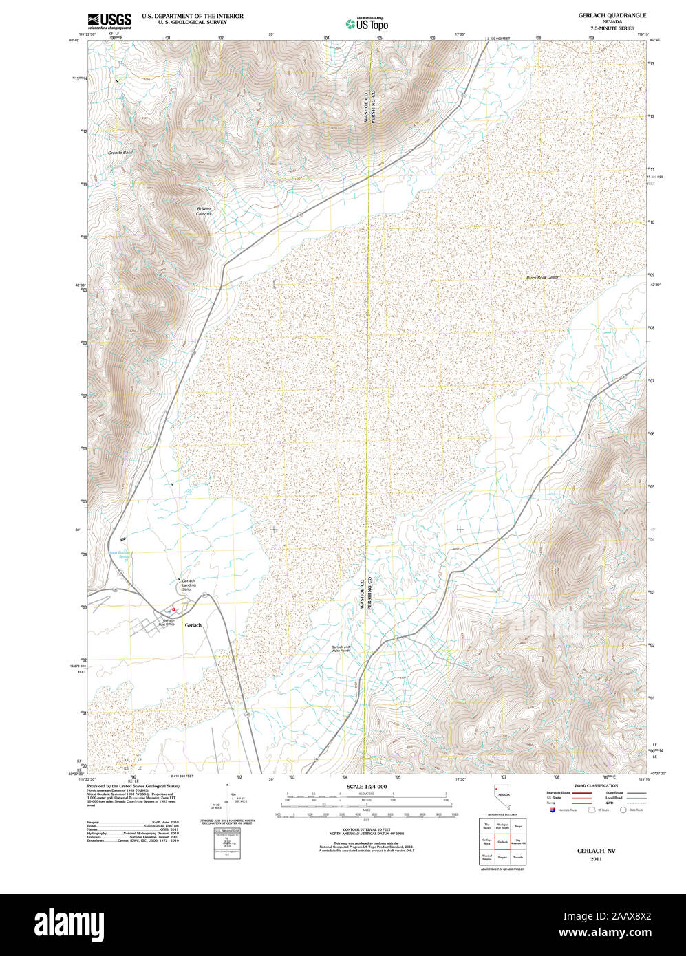 USGS TOPO Map Nevada NV Gerlach 20111216 TM Restoration Stock Photo