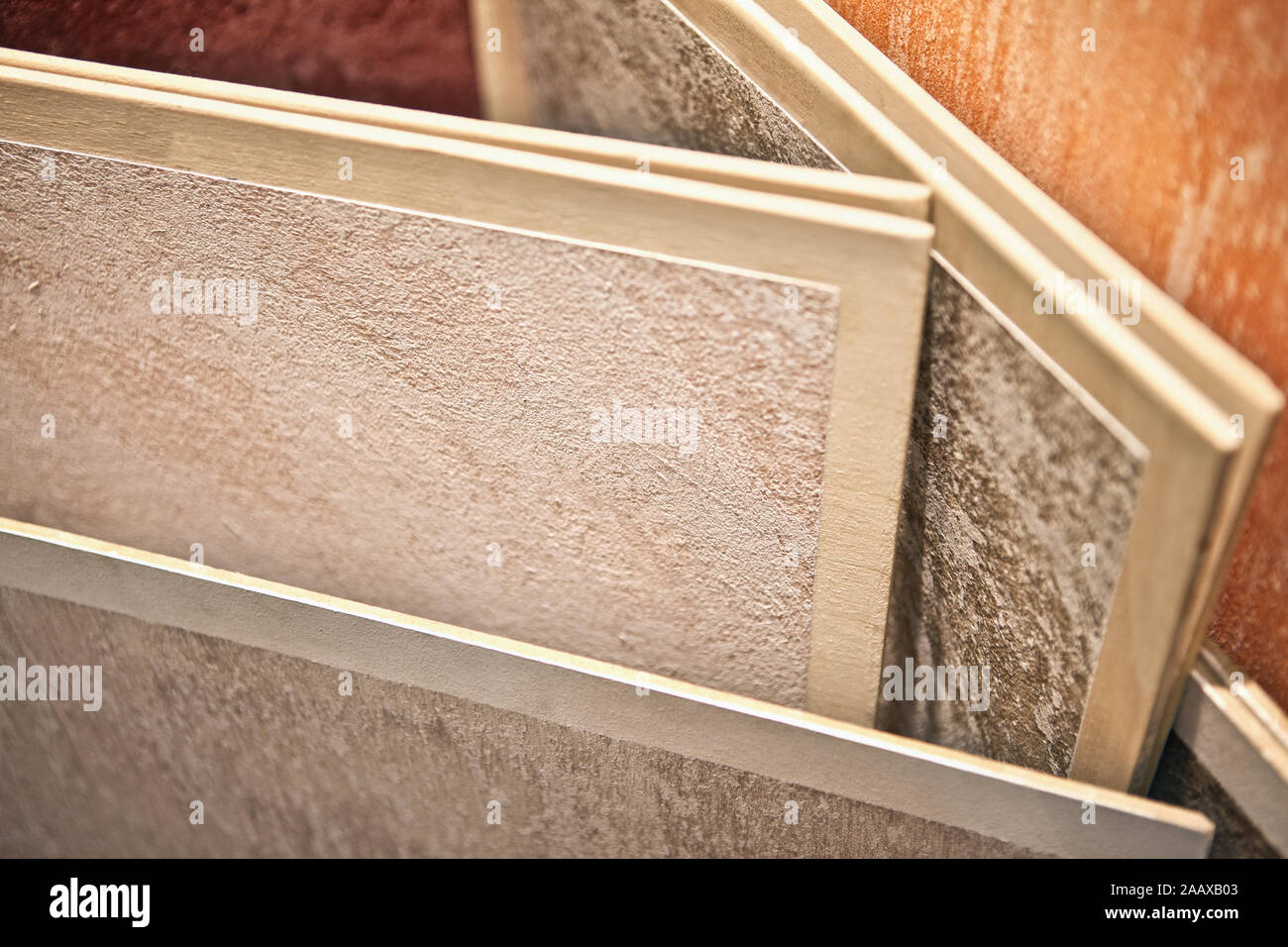 Close up wood texture floor samples of laminate and vinyl floor tile in a store Stock Photo