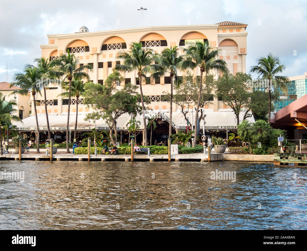 Irish bar along New River in downtown Fort Lauderdale, Florida, USA