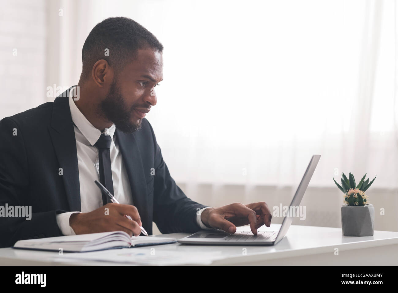 Concentrated business clerk making notes, using laptop Stock Photo