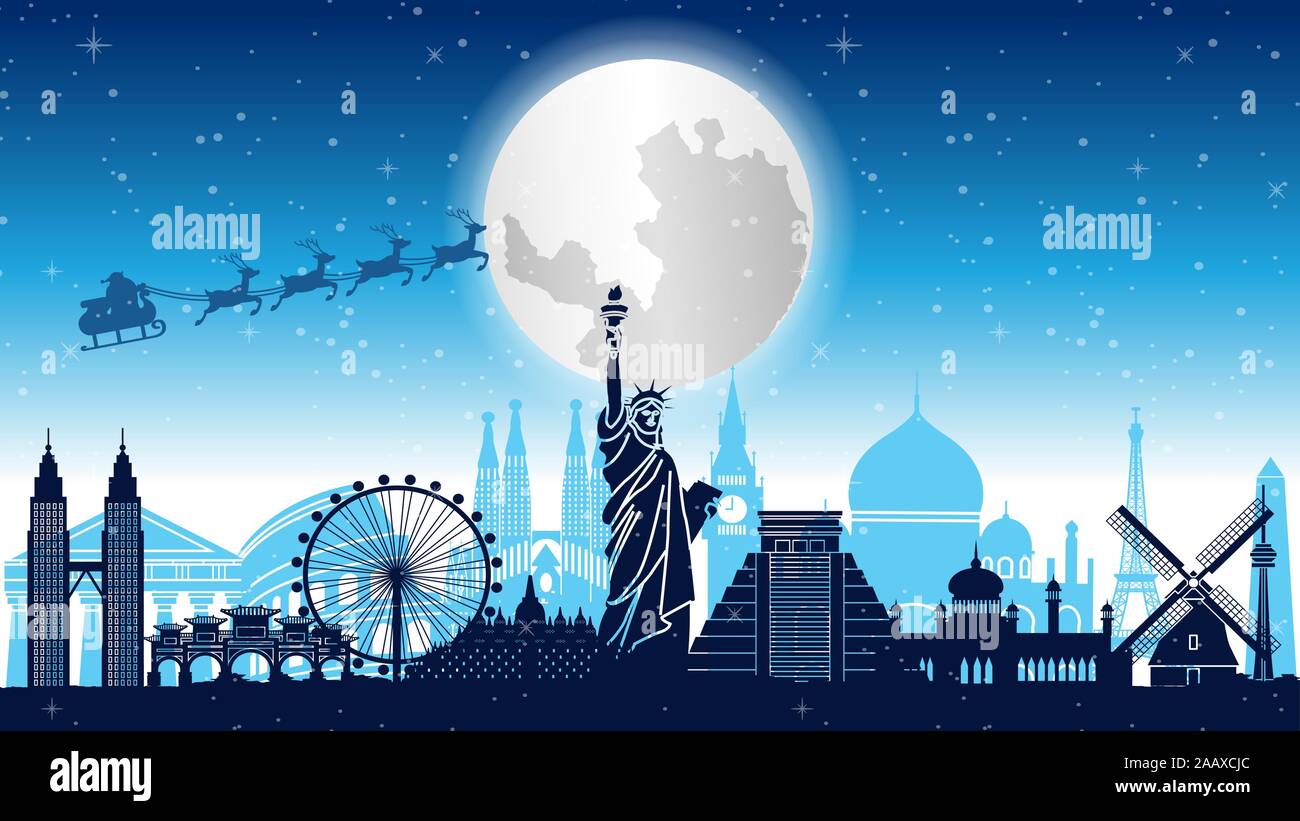 santa claus and reindeer are above world landmarks,vector illustration Stock Vector